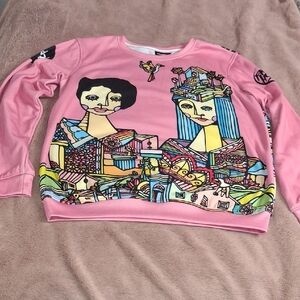 Artistic Pink Sweatshirt with Graphic Design- W Sz Medium